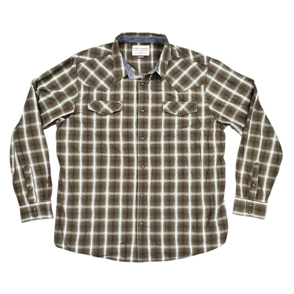 Cody James Shirt Mens 2XL Green Gray White Plaid Western Pearl Snap Long Sleeve